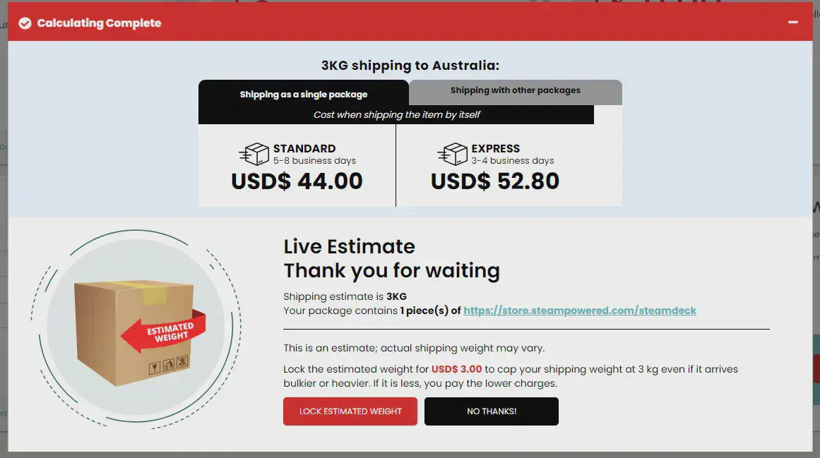 Shipping weight configuration