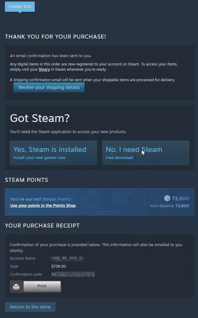 Steam purchase confirmation
