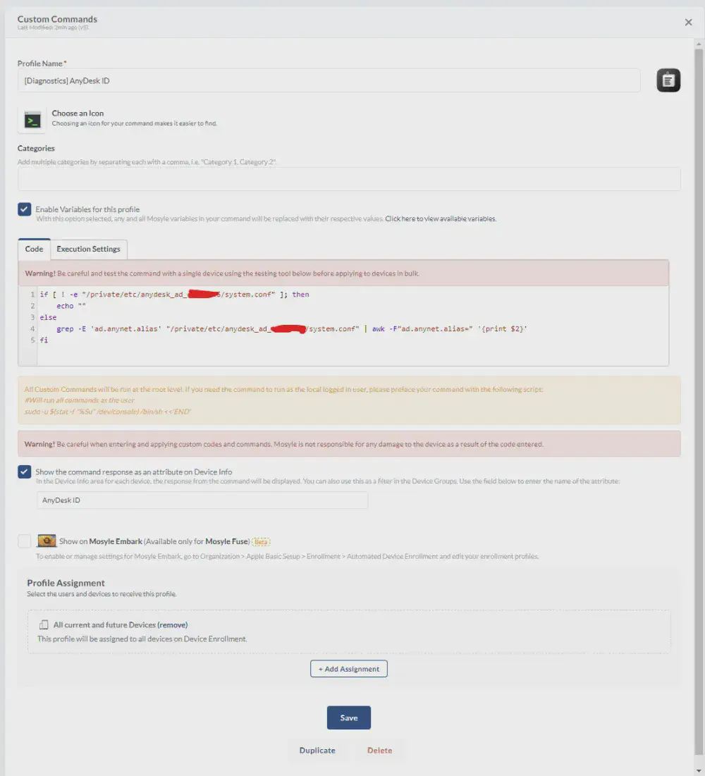 Mosyle custom command configuration showing script to extract AnyDesk device identifiers from system.conf file