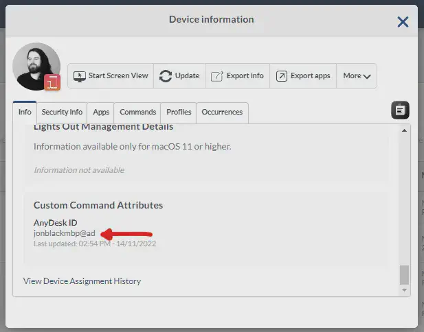 Mosyle device inventory showing successfully captured AnyDesk identifier displayed as custom attribute