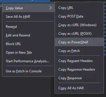 Firefox developer tools showing Copy as PowerShell option for the HTTP request