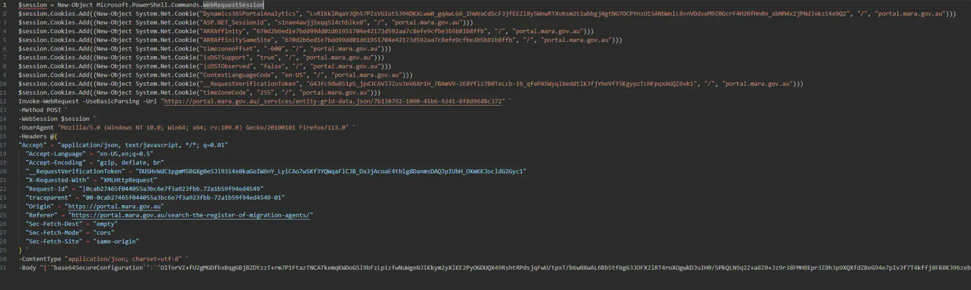PowerShell command copied from Firefox showing the complete curl command with headers and parameters