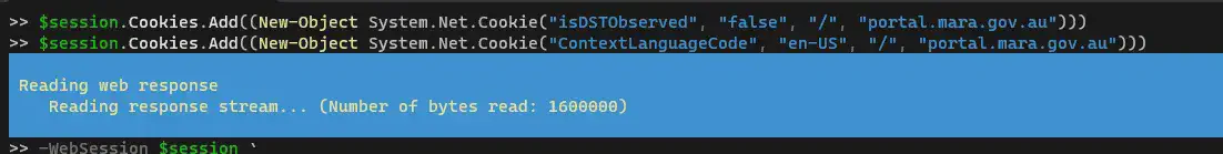 PowerShell terminal showing JSON response data from the API request containing migration agent information
