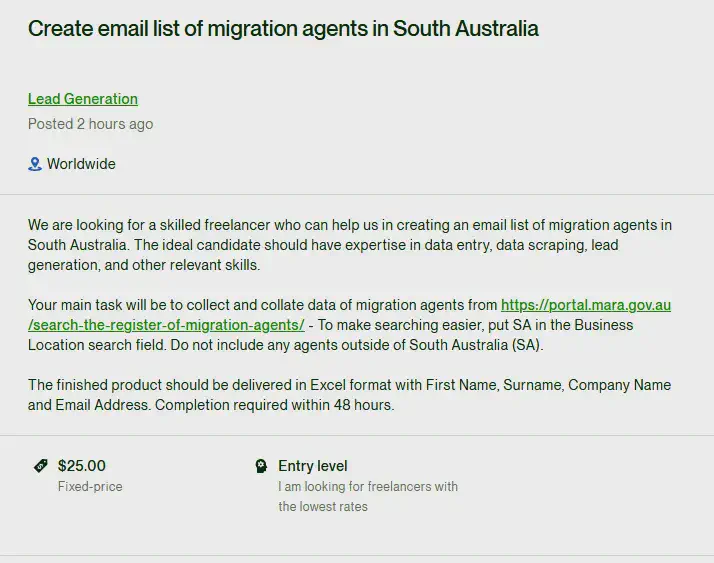 UpWork freelance contract posting for creating an email list of migration agents in South Australia