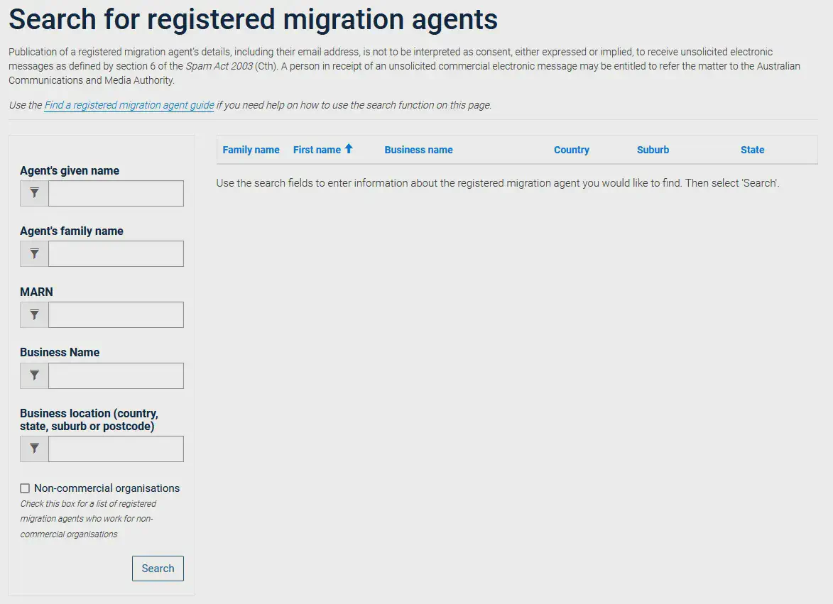 Department of Home Affairs migration agents register website showing search interface with filters and data table