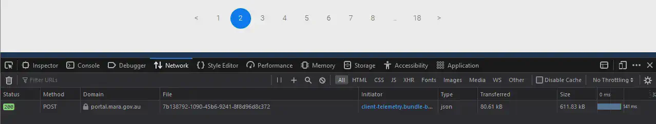 Browser developer tools network tab showing HTTP requests made when clicking pagination buttons