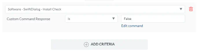 Mosyle device group configuration showing SwiftDialog Missing group with criteria set to Software - SwiftDialog - Install Check response is False