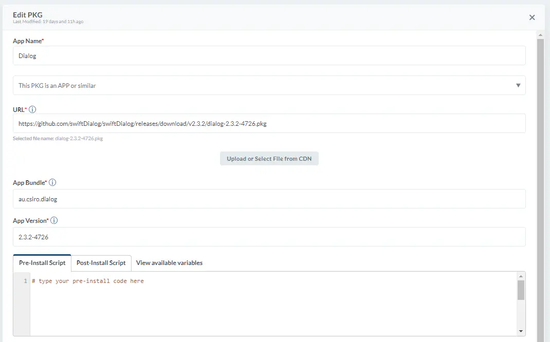 Mosyle PKG deployment configuration screen showing SwiftDialog package setup with signed and managed options selected
