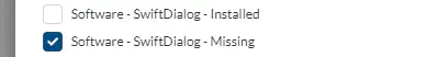 Mosyle PKG profile device group assignment showing Software - SwiftDialog - Missing group selected