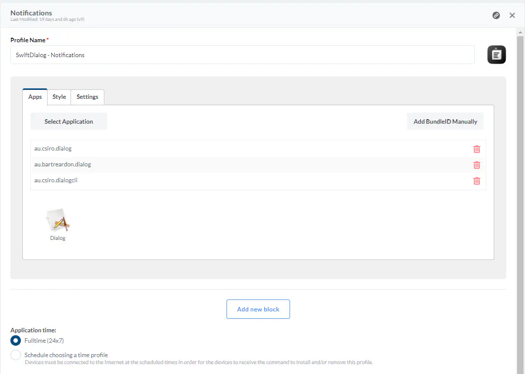Mosyle notification profile configuration options for SwiftDialog deployment notifications