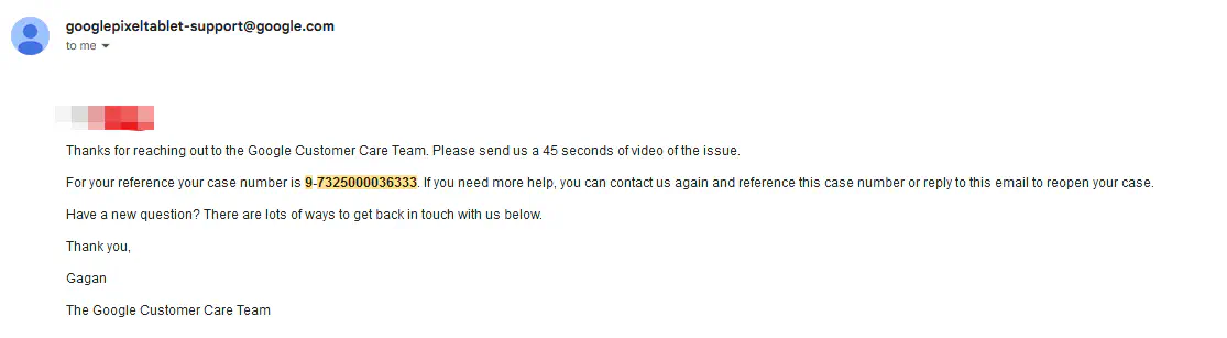 Google support chat interface showing the initial tablet replacement request process