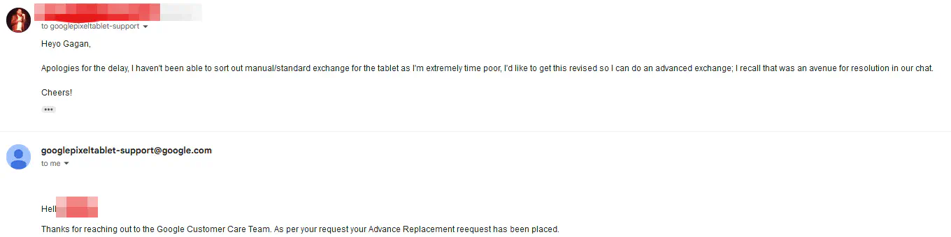 Email sent to Google support requesting advanced exchange for tablet replacement