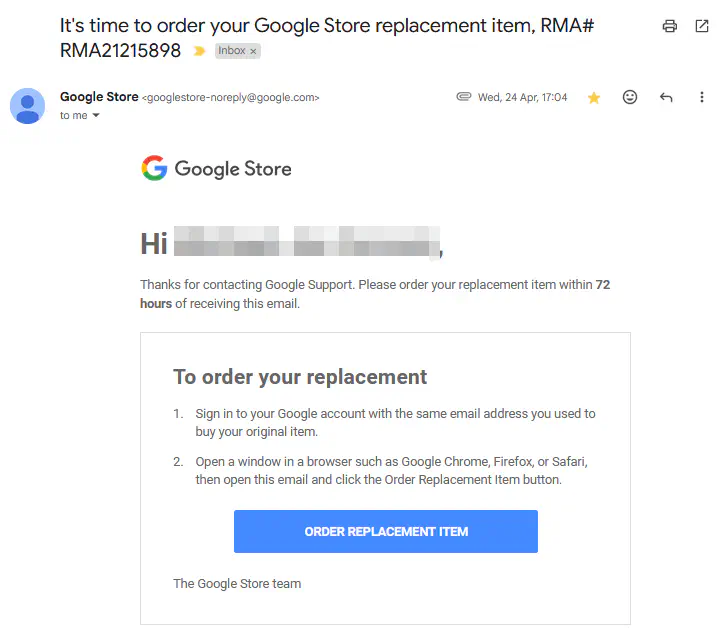 Google support response providing new RMA number RMA21215898 for tablet exchange