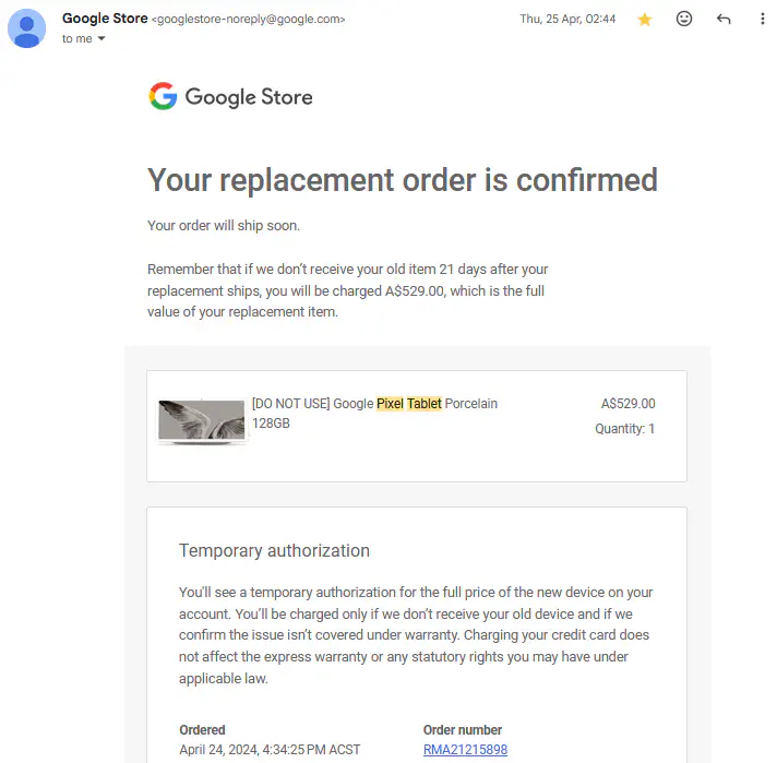 Google Store order confirmation page showing successful replacement order placement