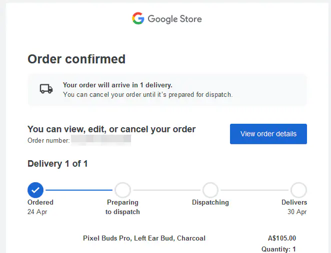 Order tracking information showing replacement items being processed