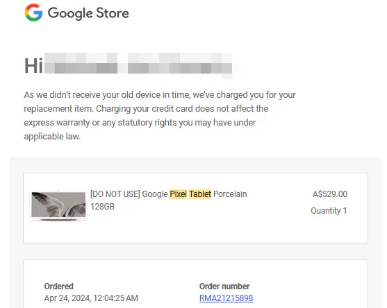 Google Store charge notification showing $532 AUD charge for unreturned tablet