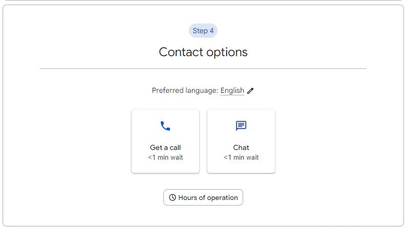 Google support website showing phone support wait time as less than 1 minute with 24/7 availability claim