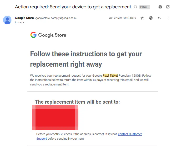 Google support showing RMA number RMA48288500 for Pixel tablet return