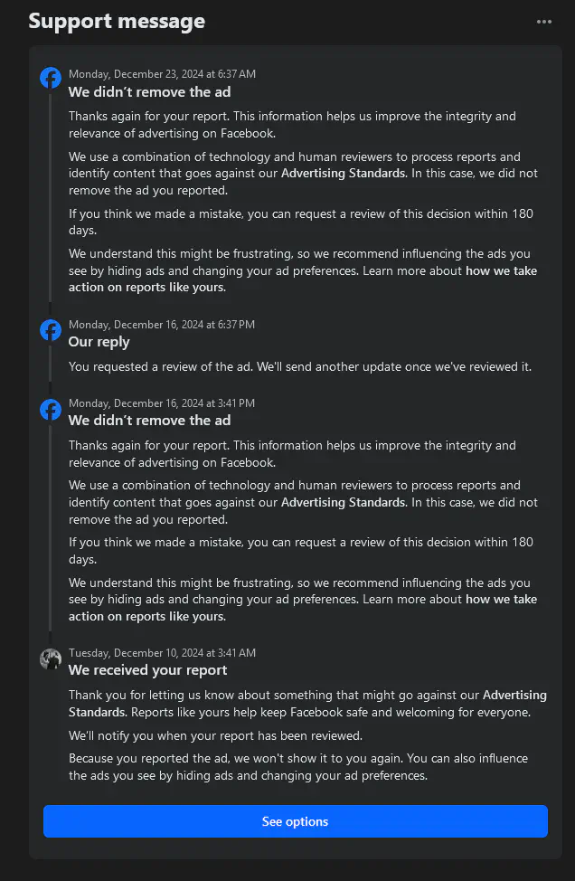 my own screenshot showing the ad dispute process is bullshit