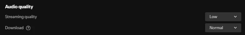 Spotify audio quality settings showing streaming quality set to Low and download quality set to Normal by default