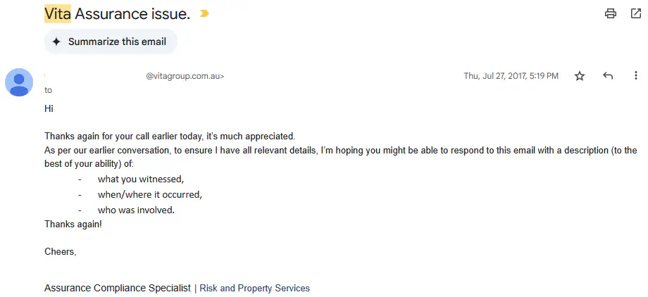 Email from Vita Group fraud/assurance team acknowledging the fraud report submission and requesting additional details