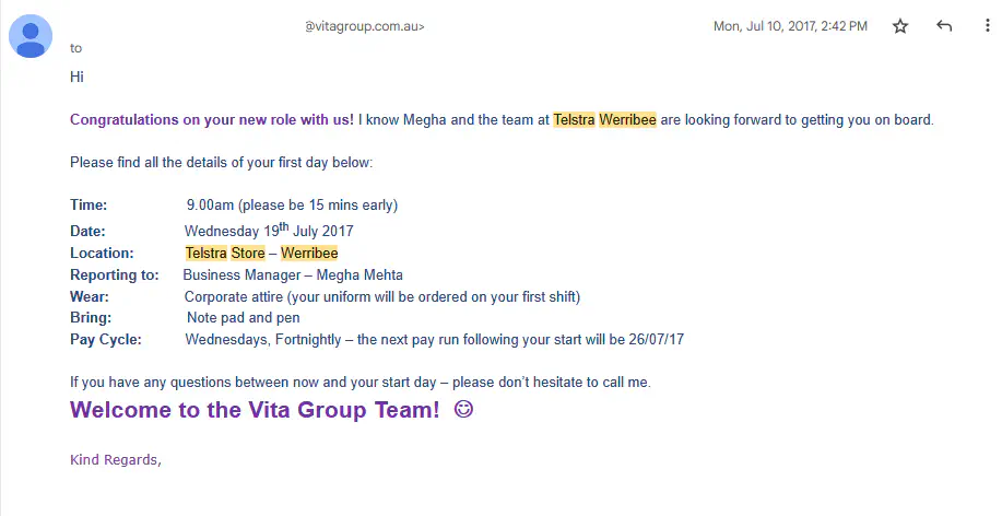 Email from Vita Group regarding Telstra store position application and onboarding process