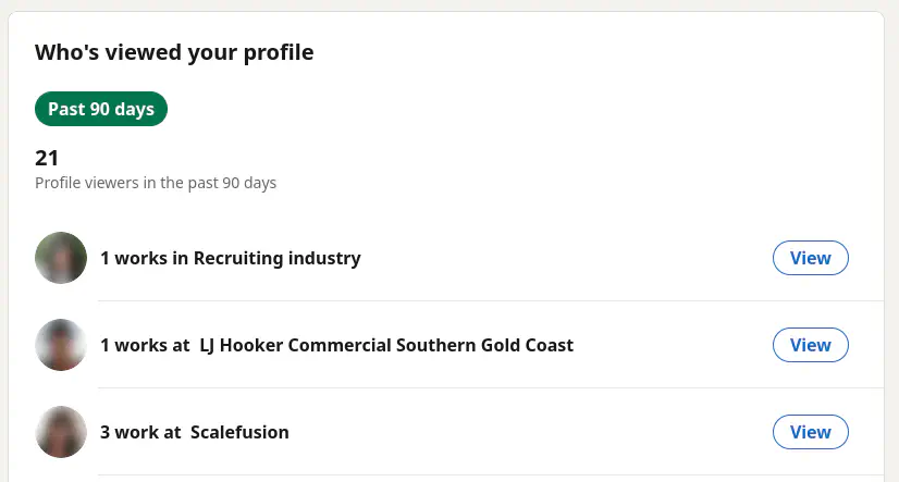 a screenshot of my linkedin most recent views, with 3 scalefusion hits
