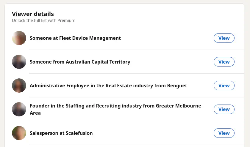 a screenshot of my linkedin most recent views, with a scalefusion hit